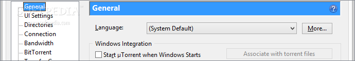 Showing the uTorrent panel with general preferences